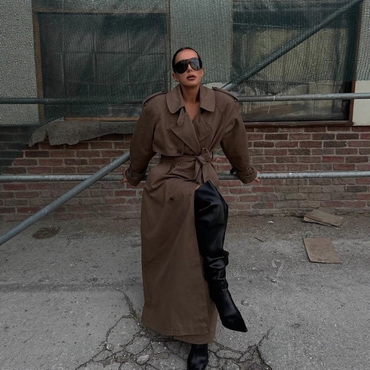 Damen eleganter Trenchcoat mit Taillengürtel und hochgeschlossenem Kragen R&B