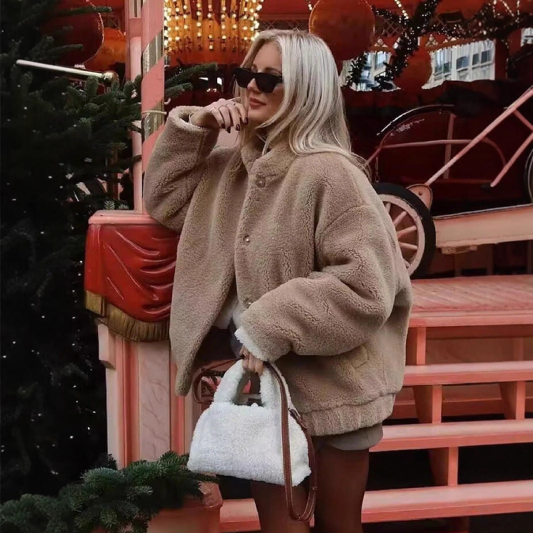 Damen kuschelige Fleece-Jacke mit hohem Kragen und praktischen Eingrifftaschen