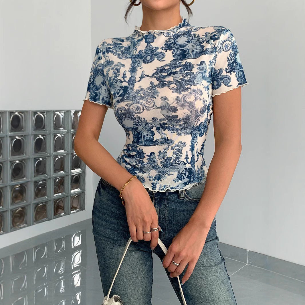 Damen Kurzes T-Shirt mit kreativem Druck und elegantem Stehkragen R&B