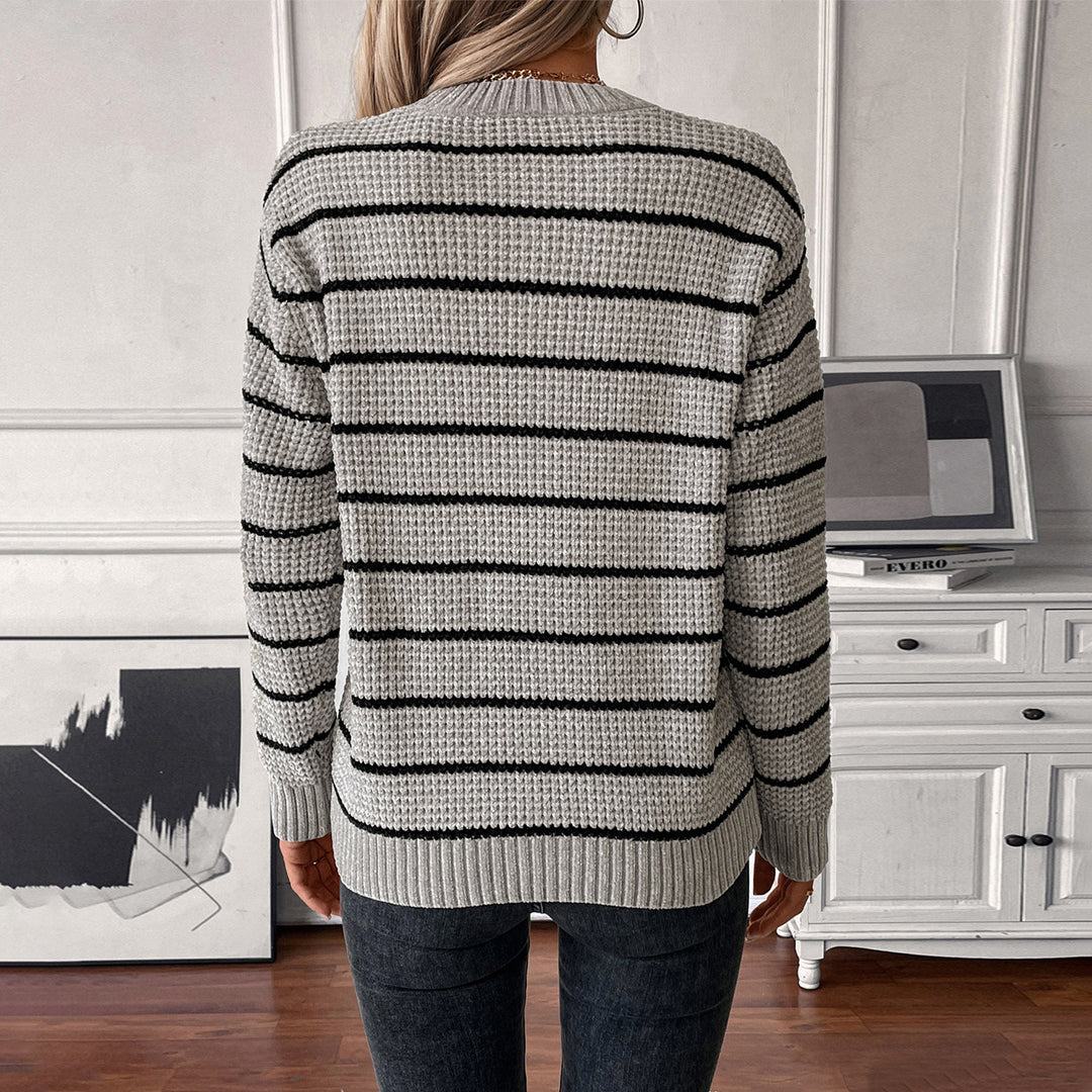 Damen lässiger Strickpullover mit breitem Streifenmuster R&B