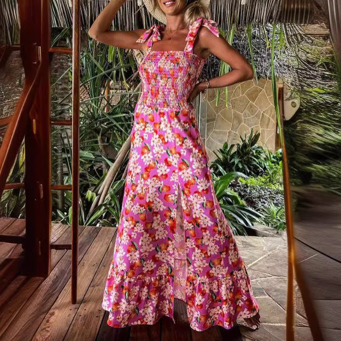 Damen Maxikleid mit floralen Details und Spaghetti-Trägern R&B