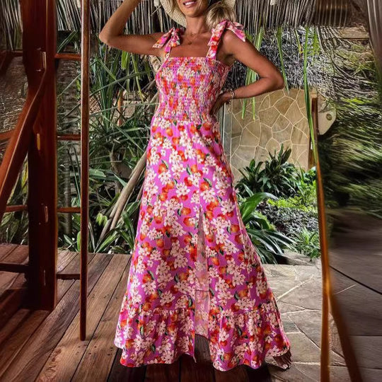 Damen Maxikleid mit floralen Details und Spaghetti-Trägern R&B