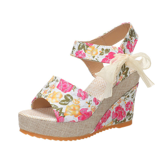 Damen Wedge-Sandalen mit floralem Druck und transparenter Schleifenverzierung R&B
