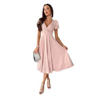 Damen A-Linie Kleid mit Puffärmeln und schmalem V-Ausschnitt R&B