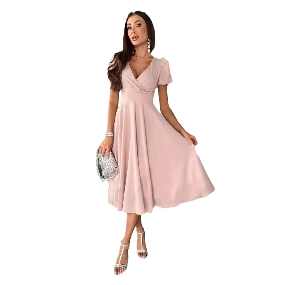 Damen A-Linie Kleid mit Puffärmeln und schmalem V-Ausschnitt R&B