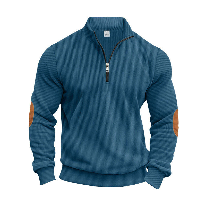 Herren nan strukturierter Baumwoll-Strickpullover mit halbem Reißverschluss und Ellenbogenbesatz R&B
