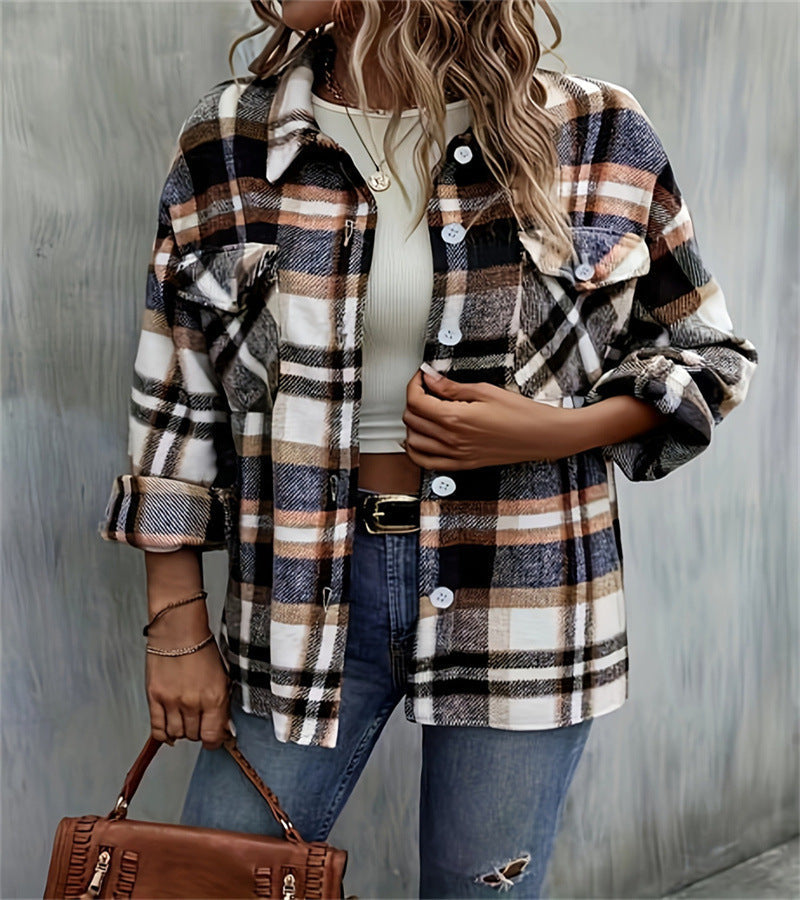 Damen karierte Flanelljacke mit Taschen und geschmackvoller Knopfleiste R&B