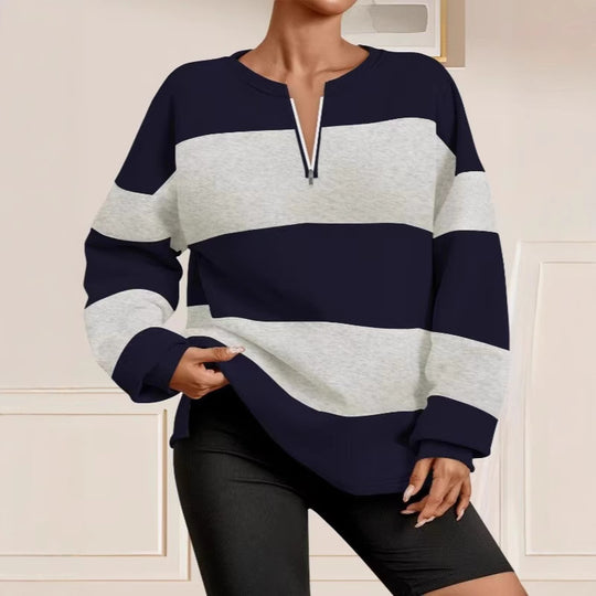 Damen Langarm Sweatshirt mit modernem Reißverschluss und gestreiftem Design R&B