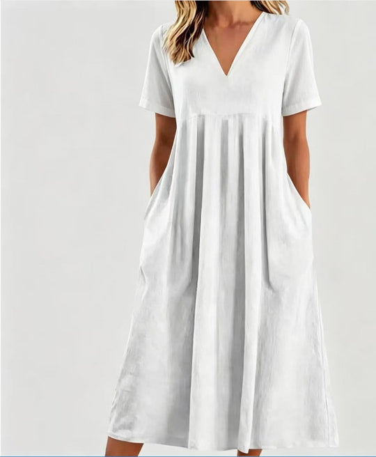 Damen nan legeres V-Ausschnitt-Midikleid mit Eingrifftaschen und geraffter Empirenaht R&B