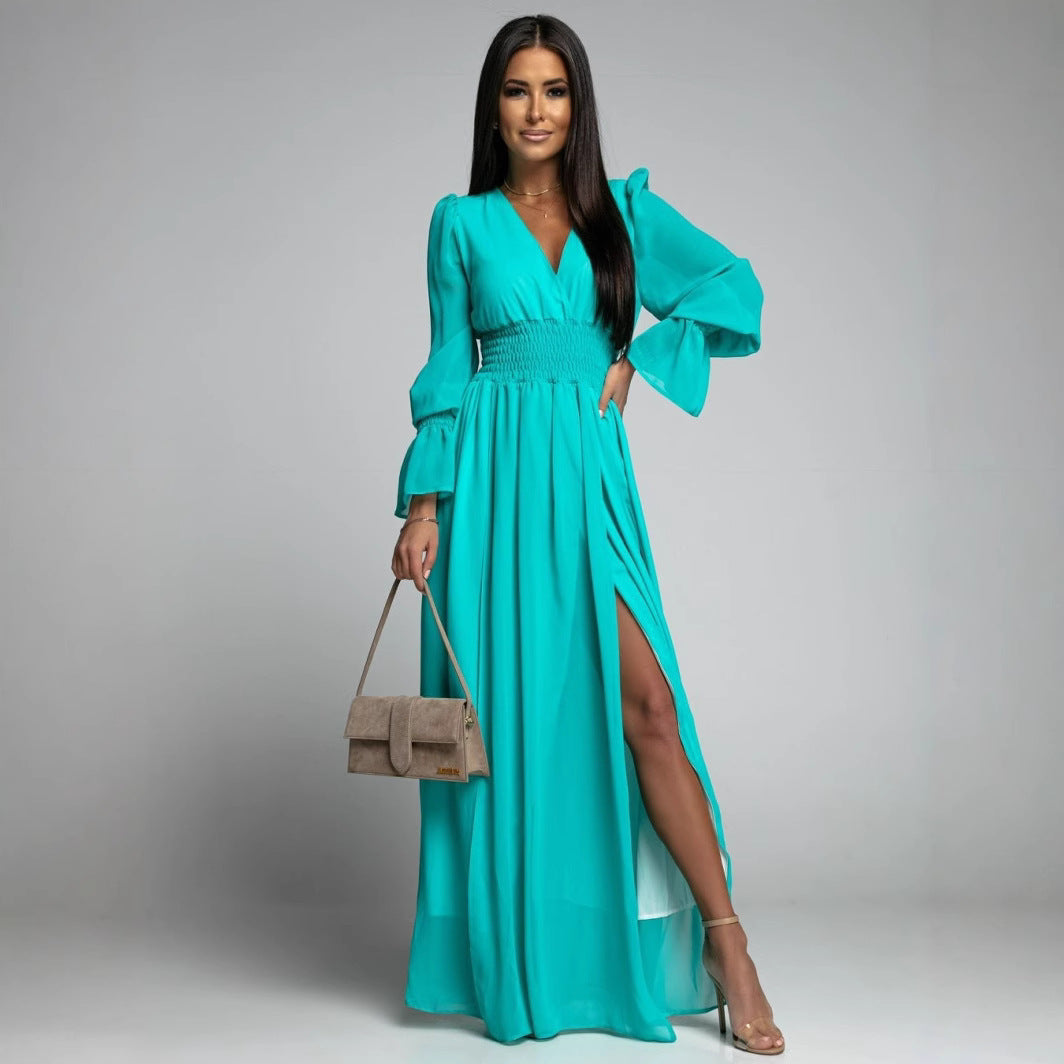 Damen Maxi-Kleid mit tiefem V-Ausschnitt und voluminösen Ärmeln R&B