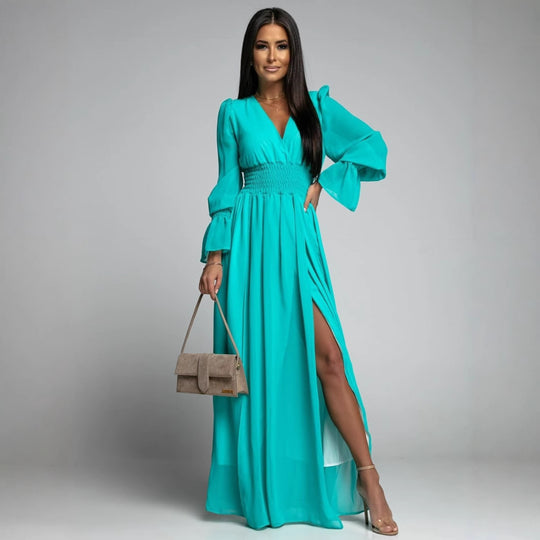 Damen Maxi-Kleid mit tiefem V-Ausschnitt und voluminösen Ärmeln R&B