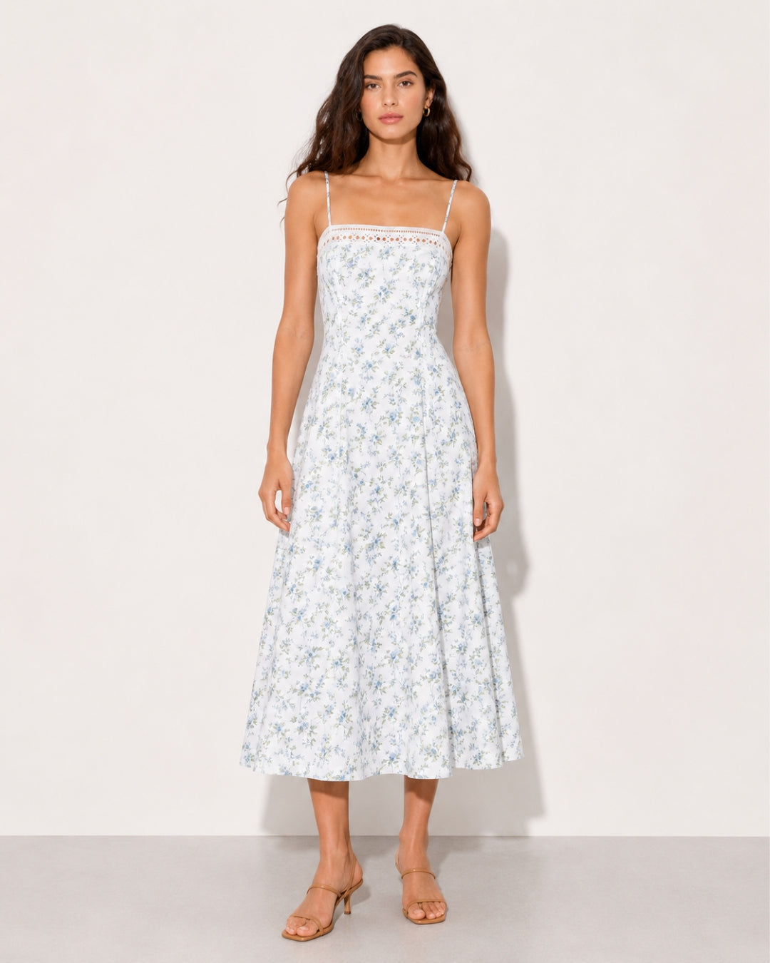 Damen nan Vintage-inspiriertes Midikleid mit schmalen Spaghettiträgern, Spitzenpassé und ausgestelltem Tellerrock R&B