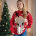 Damen festlicher Pullover mit weihnachtlichem Rentier-Motiv und lockerer Passform R&B