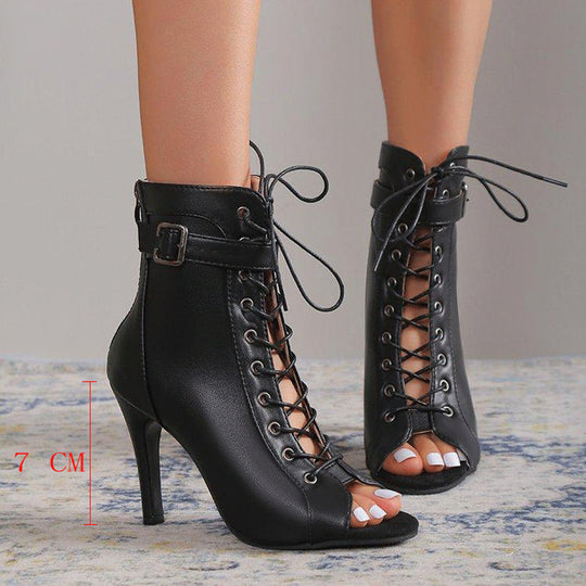 Damen Schnürstiefeletten mit offener Zehenpartie und hohem Absatz R&B