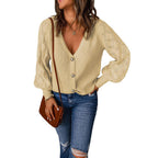 Damen Strickjacke mit V-Ausschnitt und modischen Puffärmeln R&B