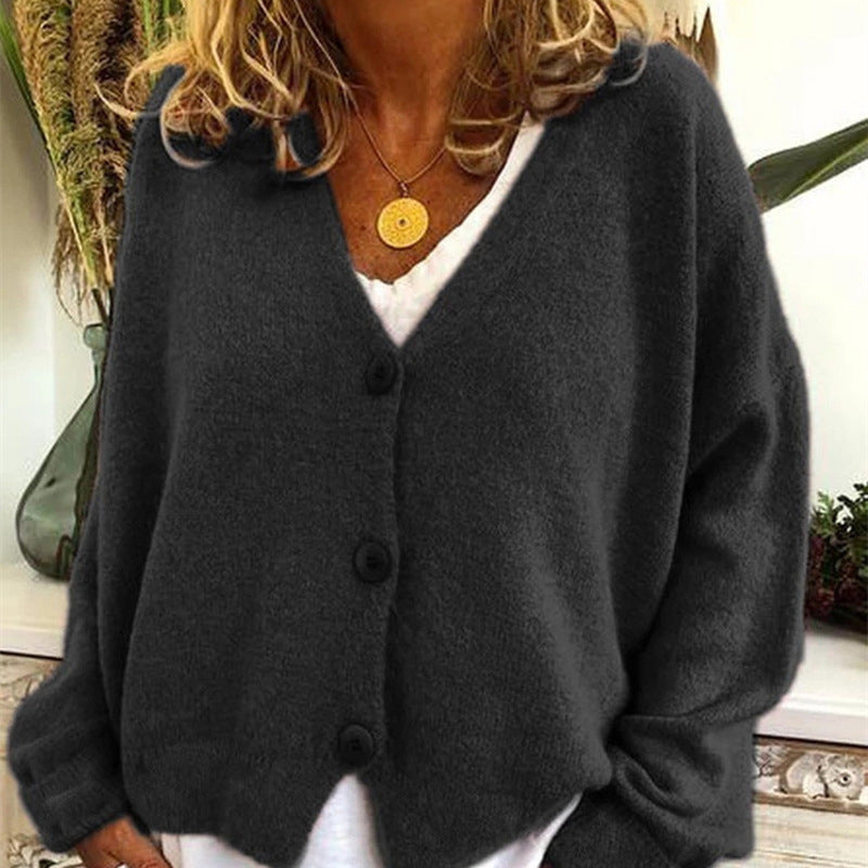 Damen lässiger Strickcardigan mit tiefem V-Ausschnitt und großen Knöpfen R&B