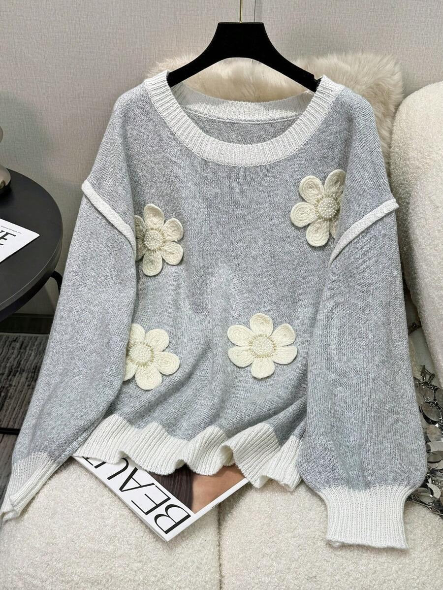Damen Strickpullover mit floralen Applikationen R&B