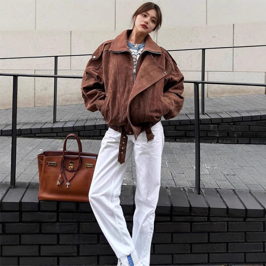 Damen modische Oversized jacke mit Gürtel R&B