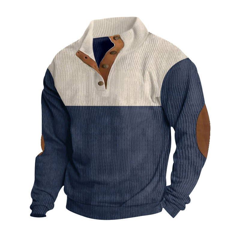 Herren nan Rippenstrickpullover mit Stehkragen Knopfleiste und Leder-Ellbogenpatches R&B