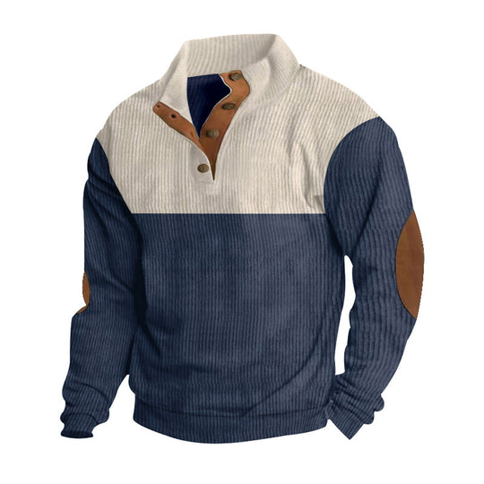 Herren nan Rippenstrickpullover mit Stehkragen Knopfleiste und Leder-Ellbogenpatches R&B