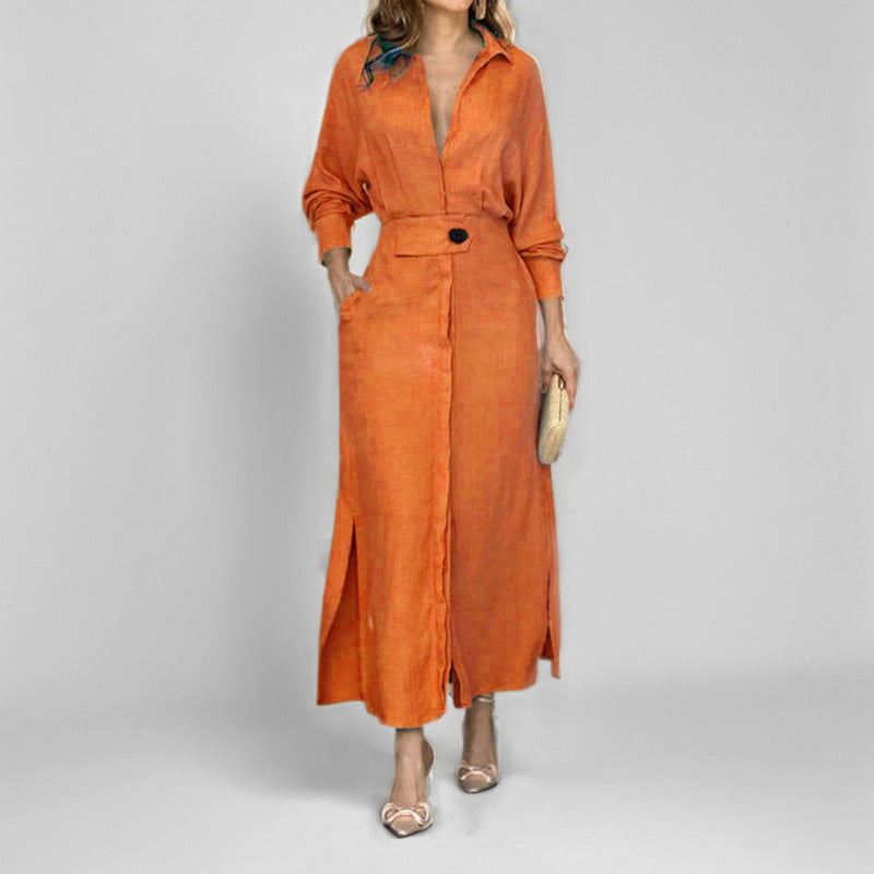 Damen elegantes Hemdblusenkleid mit Taillengürtel und seitlichen Schlitzen R&B