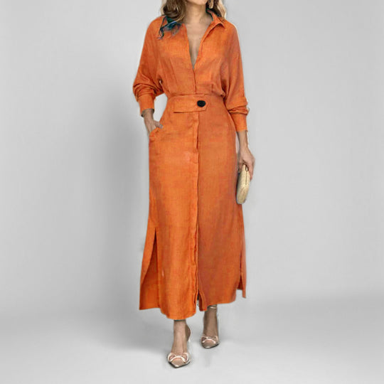 Damen elegantes Hemdblusenkleid mit Taillengürtel und seitlichen Schlitzen R&B