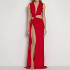 Damen Elegantes Cut-Out Maxikleid mit raffinierten Drapierungen und hohem Schlitz R&B