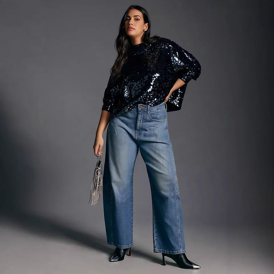 Damen weite Denim-Hose im modernen Schnitt mit hohem Bund R&B