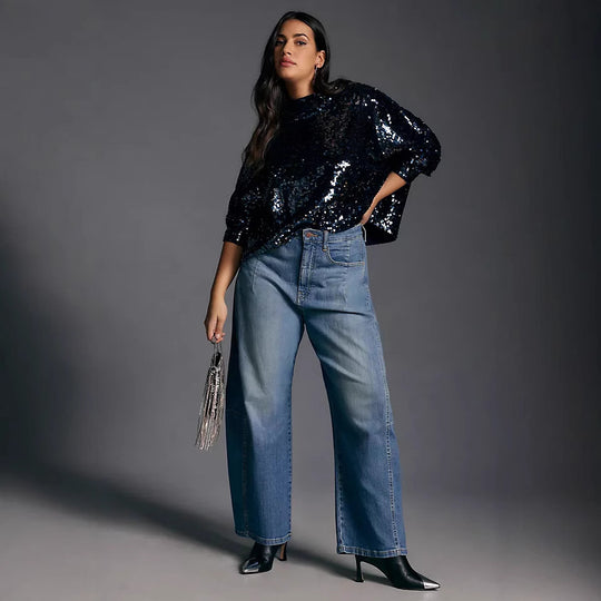 Damen weite Denim-Hose im modernen Schnitt mit hohem Bund R&B