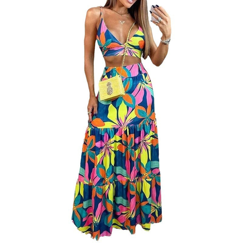 Damen Maxi-Rock mit kurzem Oberteil und buntem Blumenmuster R&B