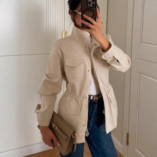 Damen lässige Utility-Jacke mit hohem Kragen und praktischen Taschen R&B