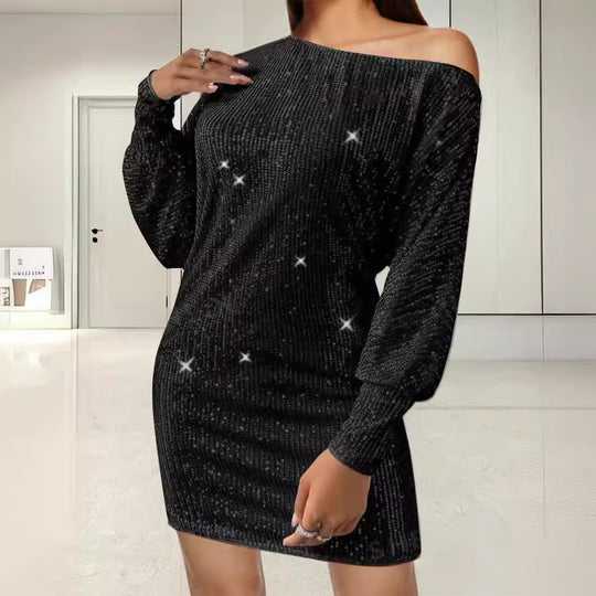 Damen Funkelndes Minikleid mit asymmetrischem Ausschnitt und Ballonärmeln R&B
