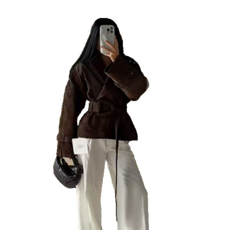Damen Kunstlederjacke mit modischem Wickeldesign und breiten Ärmeln R&B
