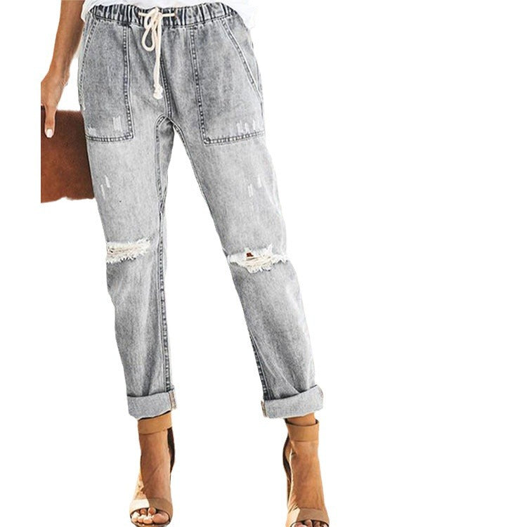 Damen entspannte Jeans mit verstellbarem Bund und modischen Rissen R&B