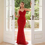 Damen Figurbetontes Glitzer-Abendkleid mit herzförmigem Ausschnitt und schwingendem Rock EB