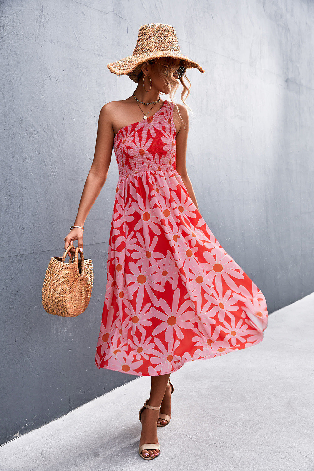 Damen Maxikleid mit asymmetrischem Trägerdesign und floralem Allover-Muster R&B