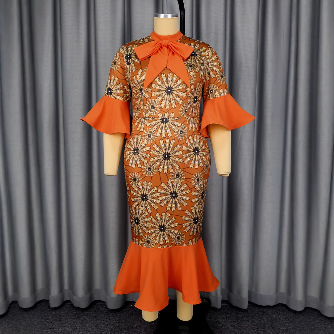 Damen Elegantes Midikleid mit floralem Muster und schickem Schleifenkragen R&B