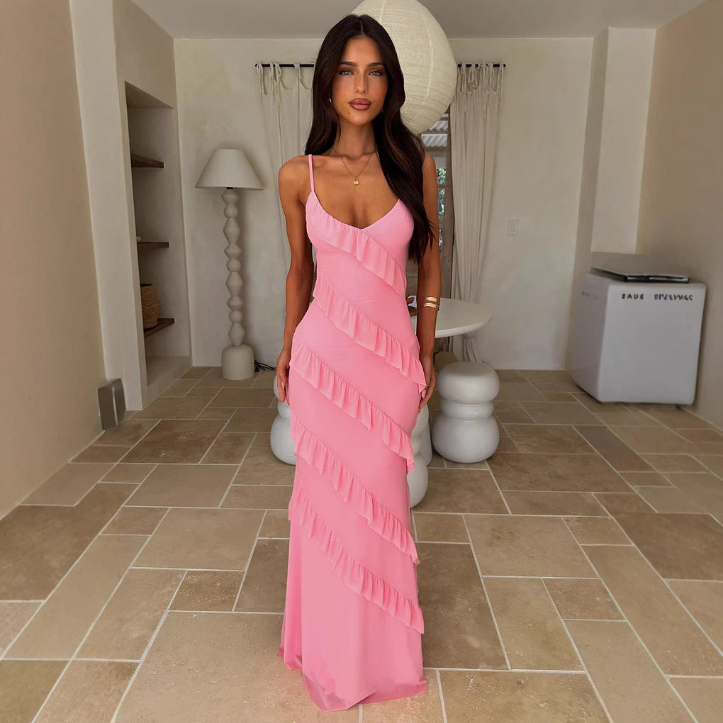 Damen Maxikleid mit Rüschendesign und Spaghettiträgern R&B