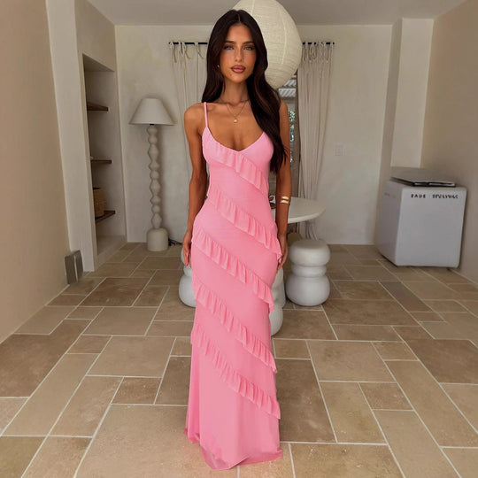 Damen Maxikleid mit Rüschendesign und Spaghettiträgern R&B