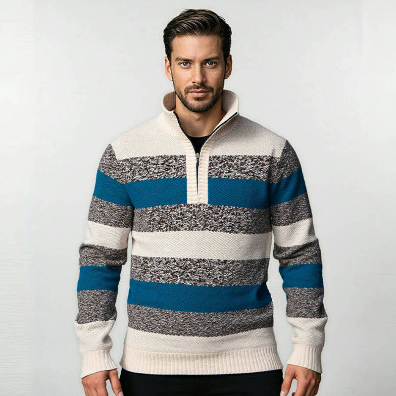 Herren modernes Strickpullover mit halbem Reißverschluss und Blockstreifen R&B