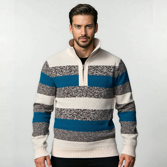 Herren modernes Strickpullover mit halbem Reißverschluss und Blockstreifen R&B