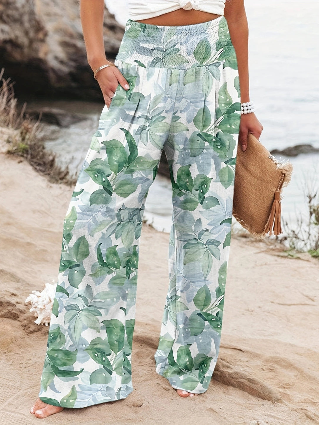 Damen Weit geschnittene Strandhose mit floralem Motiven und elastischem Bund R&B