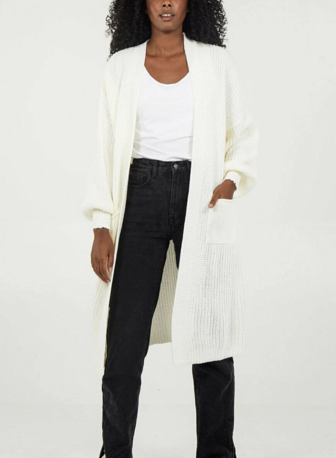 Damen Strickmantel mit voluminösen Ärmeln und offenem Schnitt R&B