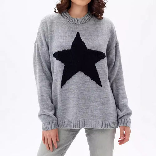 Damen Grobstrickpullover mit auffälligem Sternmotiv und lässigem Schnitt R&B