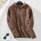 Damen lässiger Strickpullover mit Kapuze und Knopfdetails