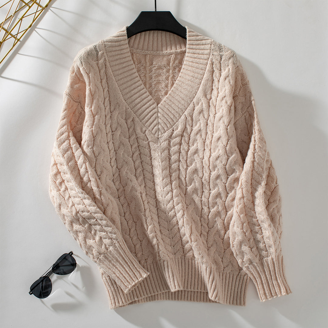 Damen Grobstrickpullover mit V-Ausschnitt und Zopfmuster R&B