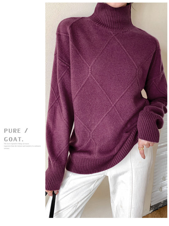 Damen Strickpullover mit hohem Kragen und Rautenmuster R&B