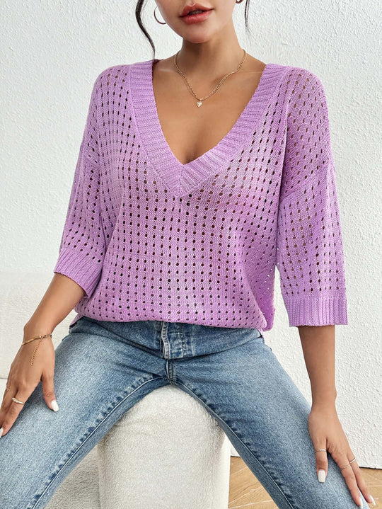 Damen luftiger Strickpullover mit V-Ausschnitt und dekorativem Lochmuster R&B
