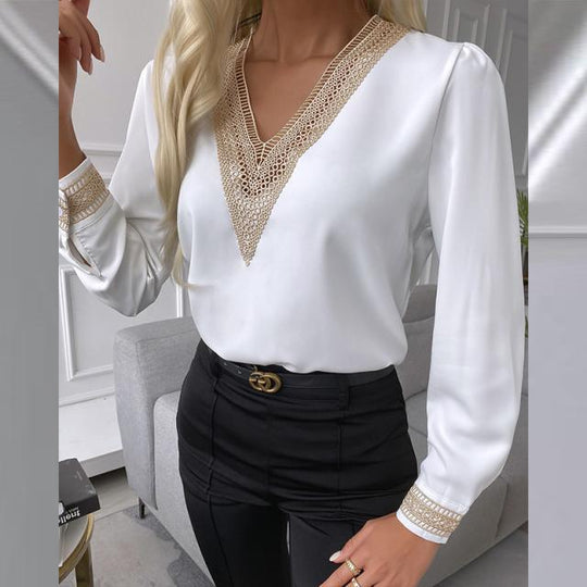 Damen elegante Bluse mit Spitzenbesatz R&B