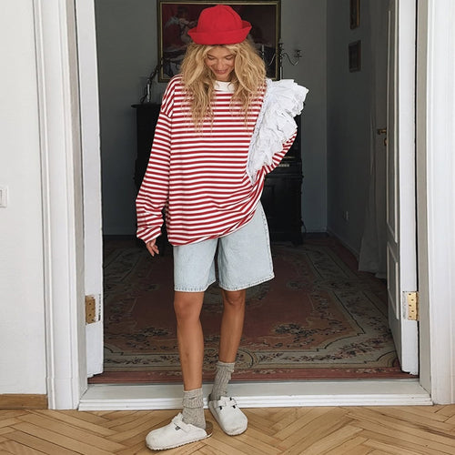 Damen Oversize Streifenpullover mit Rüschendetails R&B